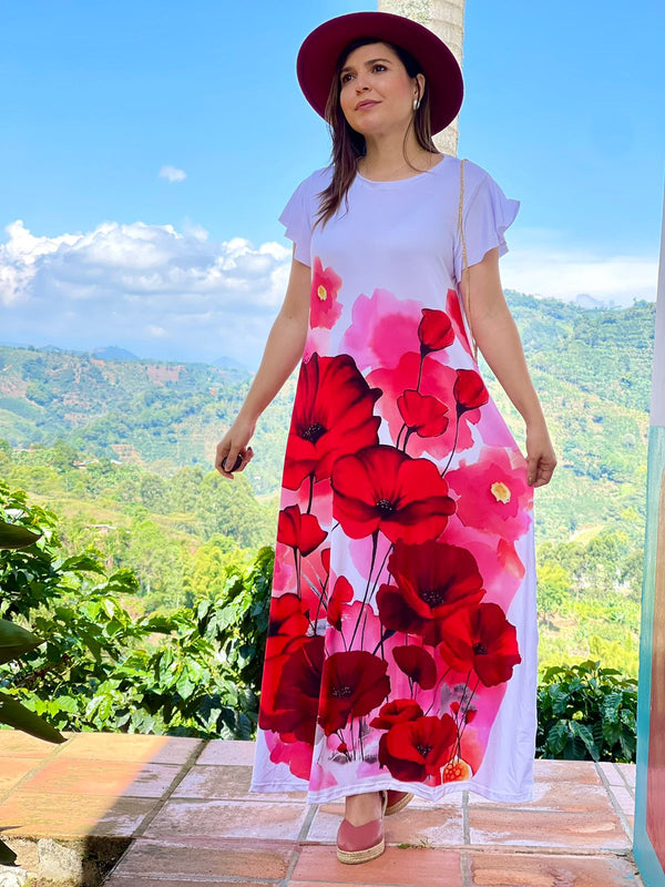 VESTIDO LARGO BOLERO FLORES FUCSIA