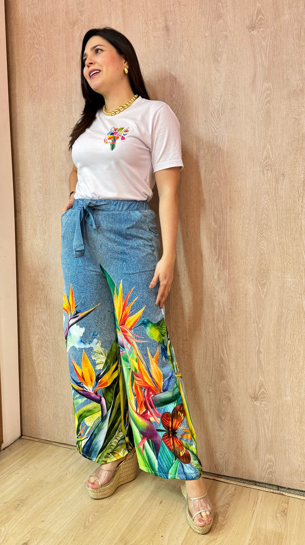 Pantalon tropical jeans flores