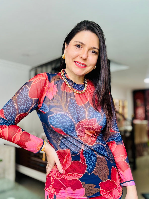 BUSO MAYA AZUL CON FLORES