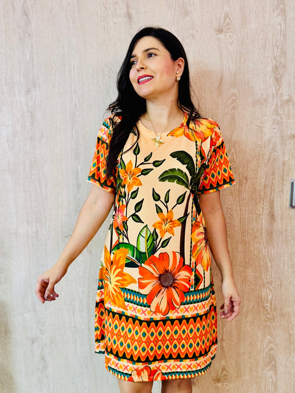 Vestido básico flores naranjas