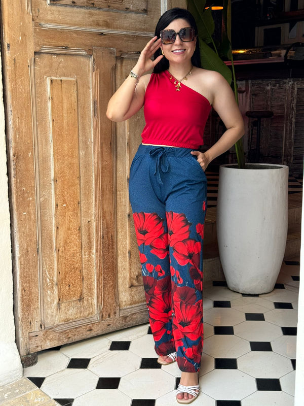 Pantalon tropical jeans flores rojas