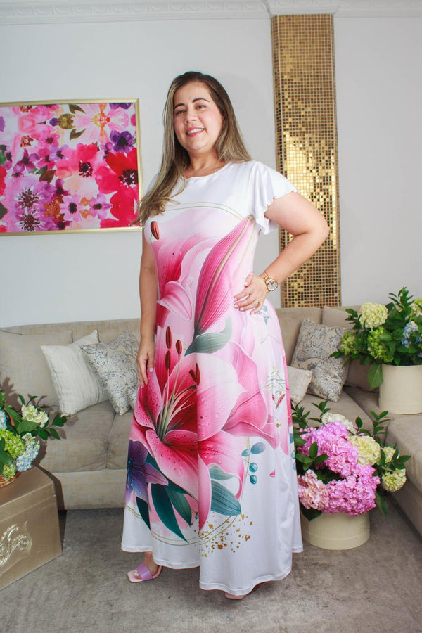VESTIDO LARGO FLOR ROSA