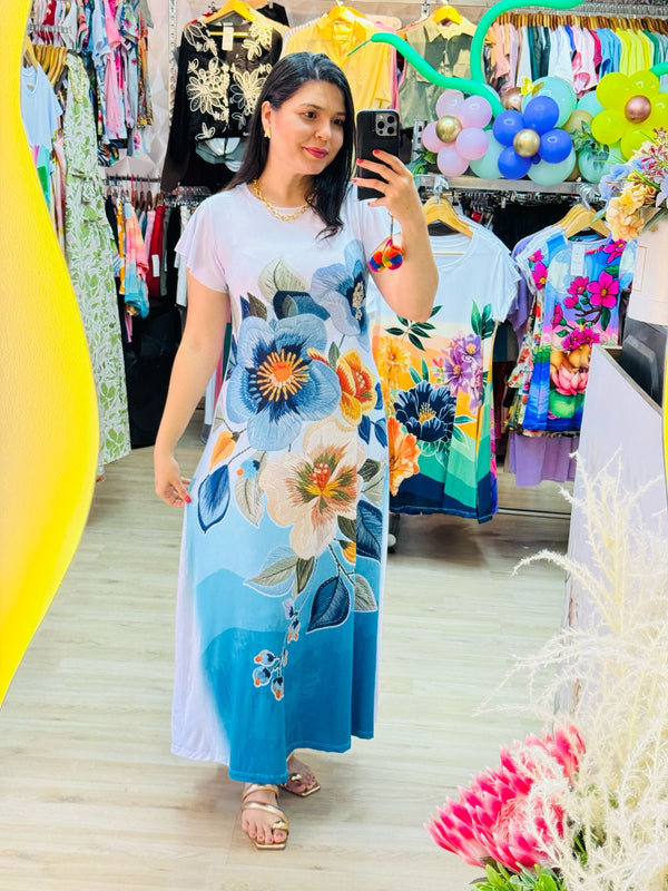 VESTIDO LARGO FLORES AZULES